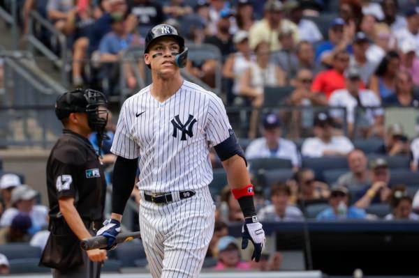 Yankees outfielder Aaron Judge reacts after striking out in the seventh inning against the Blue Jays at Yankee Stadium, Saturday, Aug. 20, 2022.