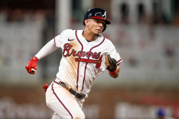 The Braves' Vaughn Grissom rounds third ba<em></em>se before scoring in the seventh inning of a game against the Mets, Thursday, Aug. 18, 2022, in Atlanta.