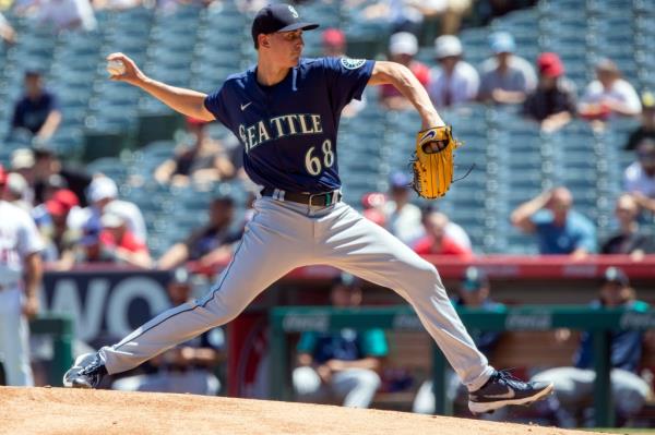 Mariners starting pitcher George Kirby delivers to a Los Angeles Angels batter during the first inning of a game in Anaheim, Calif., Wednesday, Aug. 17, 2022.