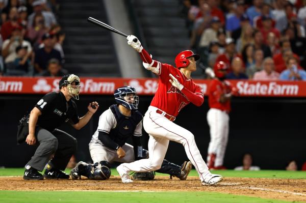 Shohei Ohtani hits a two-run homer in the fifth inning.